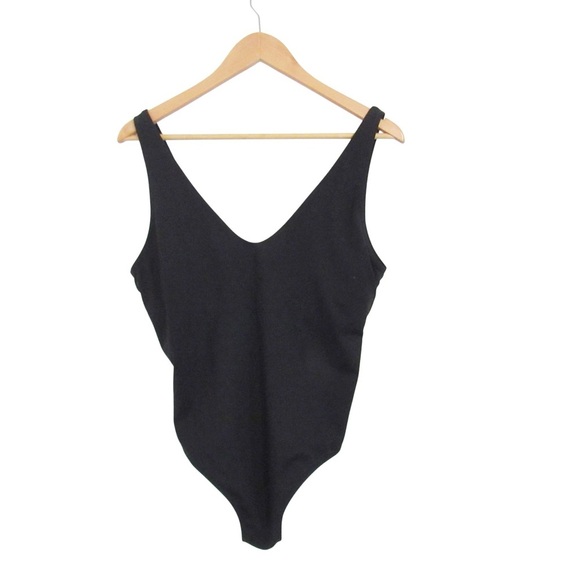 Athleta Black One Piece Swimsuit Large Petite Double V-Neck Missing Padded Cups - Picture 1 of 10